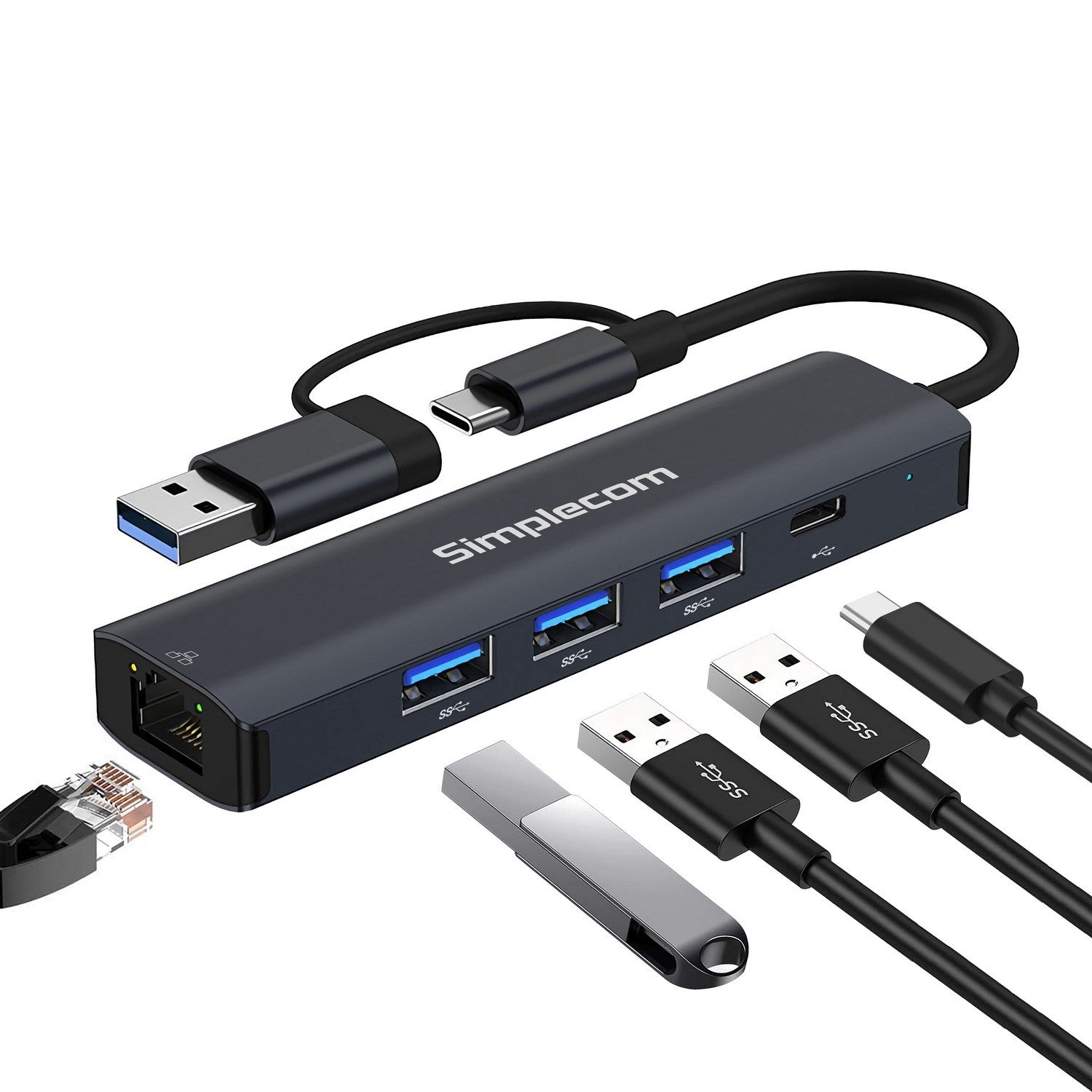 Simplecom CHN436 USB-C and USB-A to 4-Port USB HUB with Gigabit Ethernet Adapter Simplecom CHN436 USB-C and USB-A to 4-Port USB HUB with Gigabit Ethernet Adapter